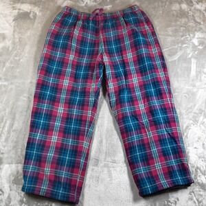 LL Bean Pajama Pants Womens XL Petite Blue Plaid Pink Fleece Lined Preppy Baggy